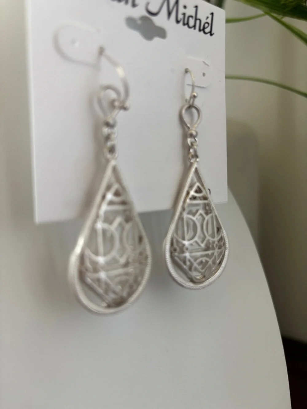 Jillian Michel Filagree cutout silvertone teardrop dangle,fishhook